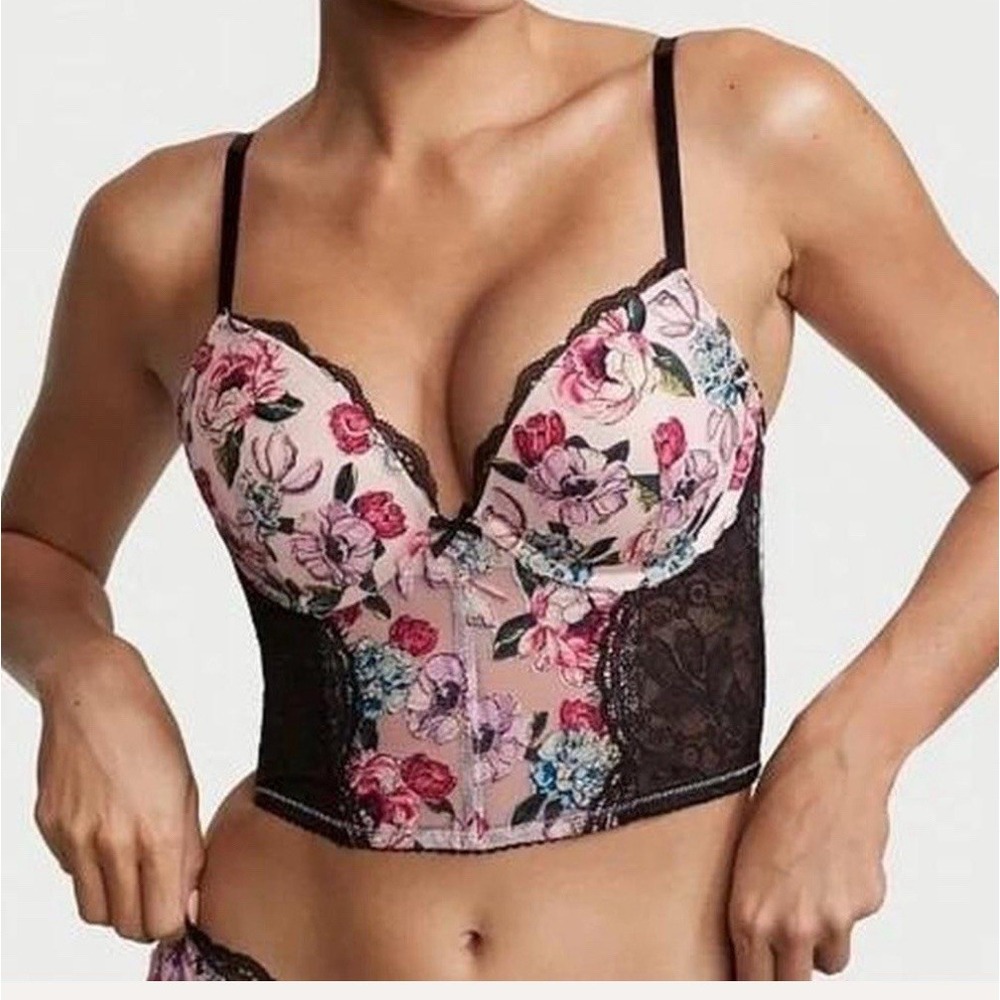 Victorias Secret Corset Sz 36D Very Sexy Push Up‎ Rose Pink Black Bustier Lace
